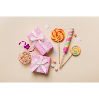 Collection of birthday party objects with gift box. Valentines day gift box. Top view flat lay
